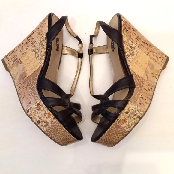 Rue21 Etc! Black Strappy Sandals with Brown Patchwork Print Wedges Shoes size L - Picture 1 of 6